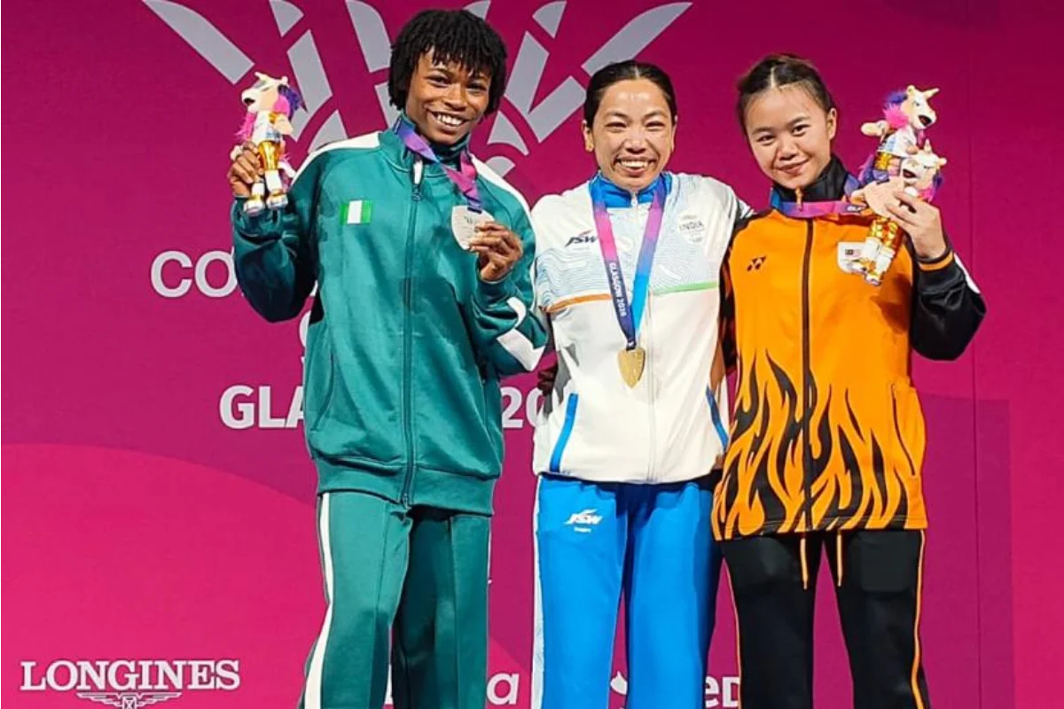 Mirabai Chanu on the podium after winning Commonwealth Games 2026 gold