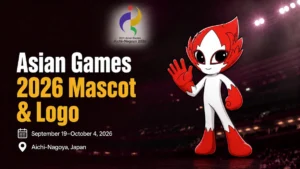 Asian Games 2026 mascot logo illustration with Honohon and the Aichi-Nagoya emblem