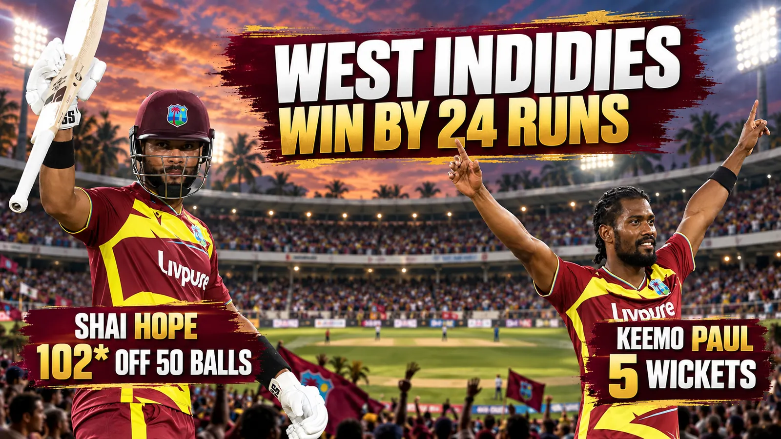 Shai Hope and Keemo Paul celebrate a West Indies win